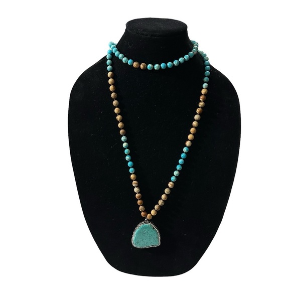 Brown Jasper Turquoise Beaded & Crystal Encrusted Turquoise Pendant Necklace 42”